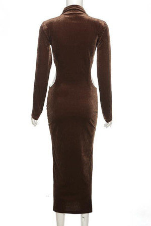 Velvet High Neck Hollow Out Long Sleeve Bodycon Maxi Dress