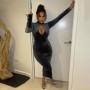 Velvet High Neck Hollow Out Long Sleeve Bodycon Maxi Dress