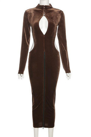 Velvet High Neck Hollow Out Long Sleeve Bodycon Maxi Dress