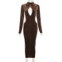 Velvet High Neck Hollow Out Long Sleeve Bodycon Maxi Dress