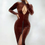 Velvet High Neck Hollow Out Long Sleeve Bodycon Maxi Dress