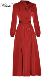 Elegant Navy Lantern Sleeve Dress - Graceful and Casual Wine Red Design