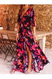 Elegant Floral Lace-Up Dress for Spring-Summer with Neck Slit