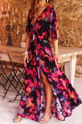 Elegant Floral Lace-Up Dress for Spring-Summer with Neck Slit