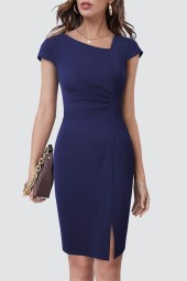 Elegant Business Pure Cap Sleeve Irregular Neckline Bodycon Pencil Dress