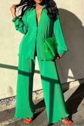 Elegant Pleated Long Sleeve Oversized Shirt and Wide Leg Pants