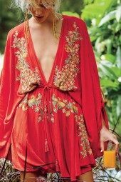 Boho Beach Cotton Embroidered Mini Dress, Deep V-Neck, Drawstring Waist