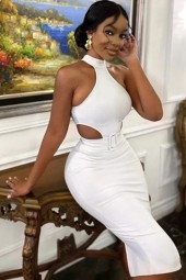 White Summer Hollow Out Midi Bandage Bodycon Evening Dress