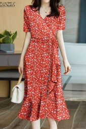 Boho Floral V-Neck Midi Dress with Ruffled Hem