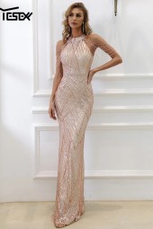 Robe Summer Halter Sequin Beaded Maxi Elegant Evening Bodycon Long Dress