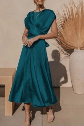 Summer Elegant Satin Silk Green Office Laceup Midi Chic Evening Dress