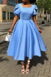 Plus Size Elegant Puff Shoulder Midi -line Blue Slim Evening Dress