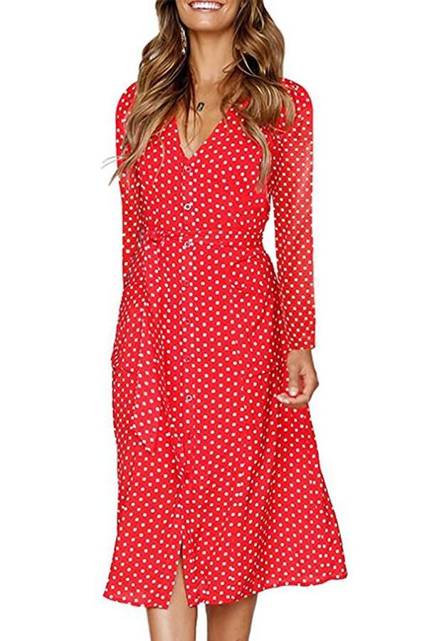 Fun Polka Dot Button Up Tied Long Sleeve A Line Dress