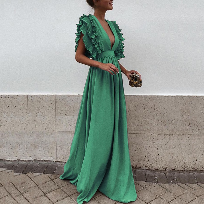Ruffle Petal Sleeve Deep V-Neck Backless Maxi Dress