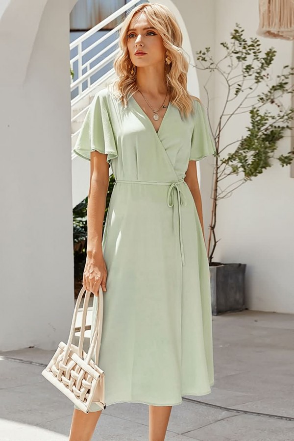 Fresh and Flirty Light Green Wrap Dress with Belt and Slit Fresh and Flirty Light Green Wrap Dress with Belt and Slit