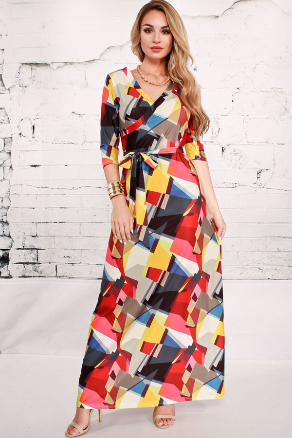 Multicolor Geometric Wrap Maxi Dress