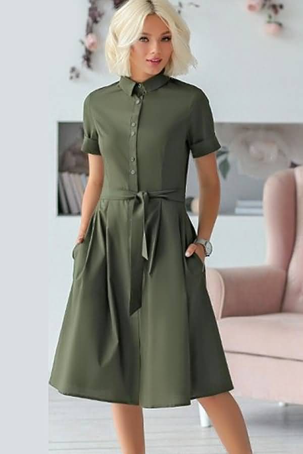 Button Up Tied Waist Short Sleeve Shirt Dress