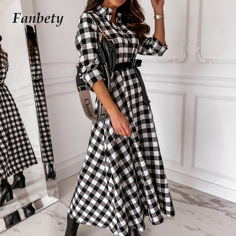 Plaid Turn-Down Collar Long Sleeve A-Line Shirt Dress