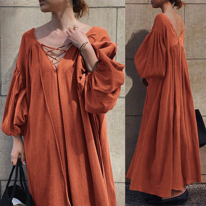 Maxi Dress Lace-Up Lantern Sleeves
