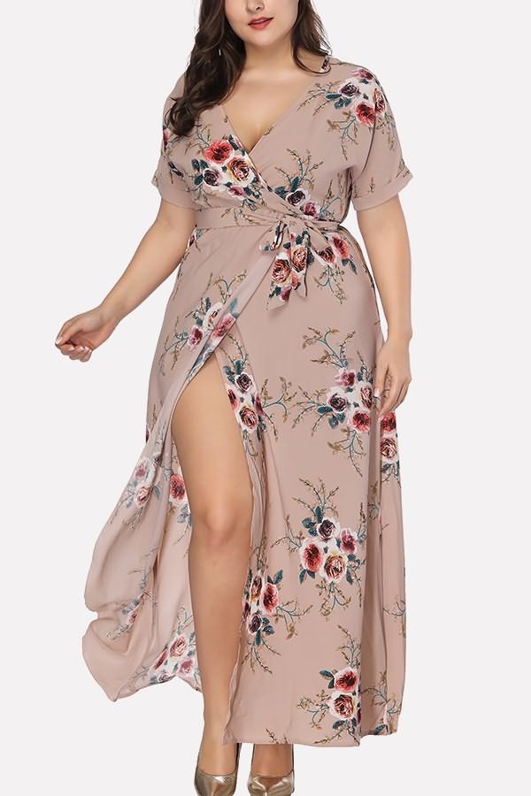 Floral V-Neck Wrap Slit Maxi Dress