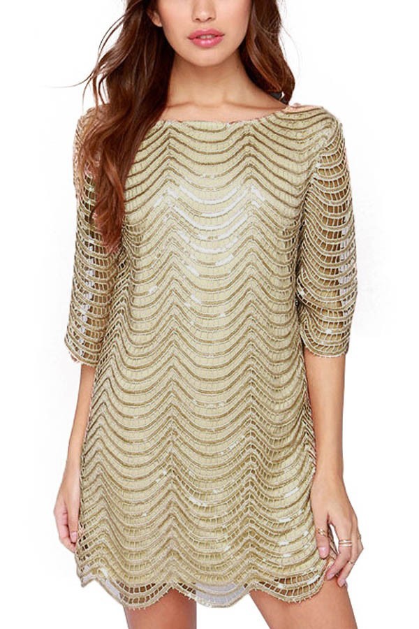 New Gold Round Neck Sequin Scalloped Hem Shift Dress