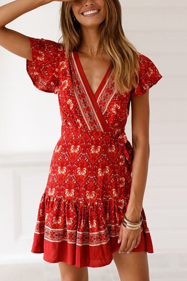 Floral V-Neck Wrap Ruffle Hem Short Sleeve Boho Dress