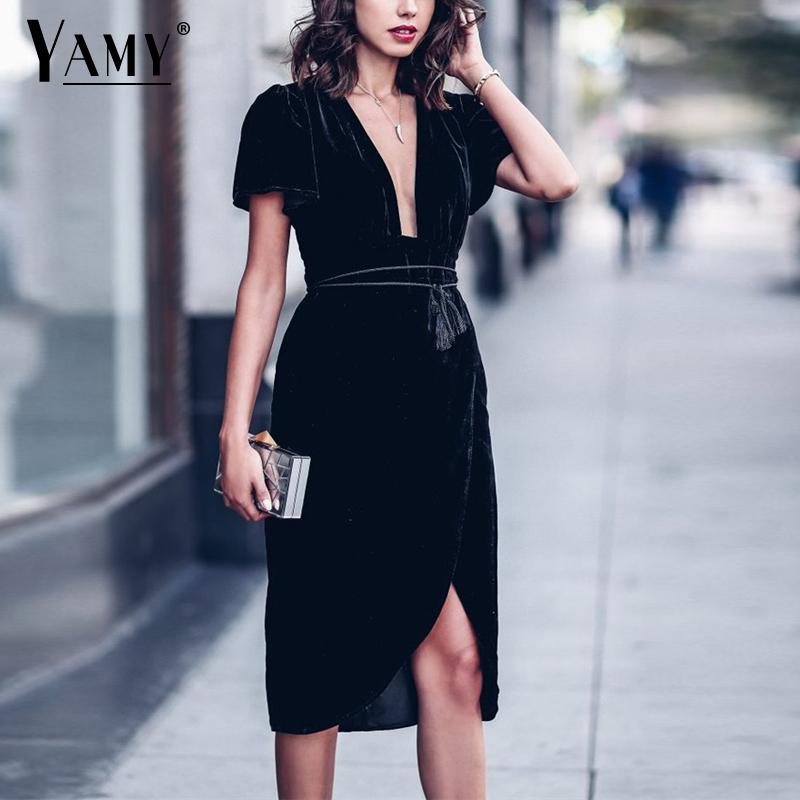 Velvet Wrap Midi Dress Short Sleeves