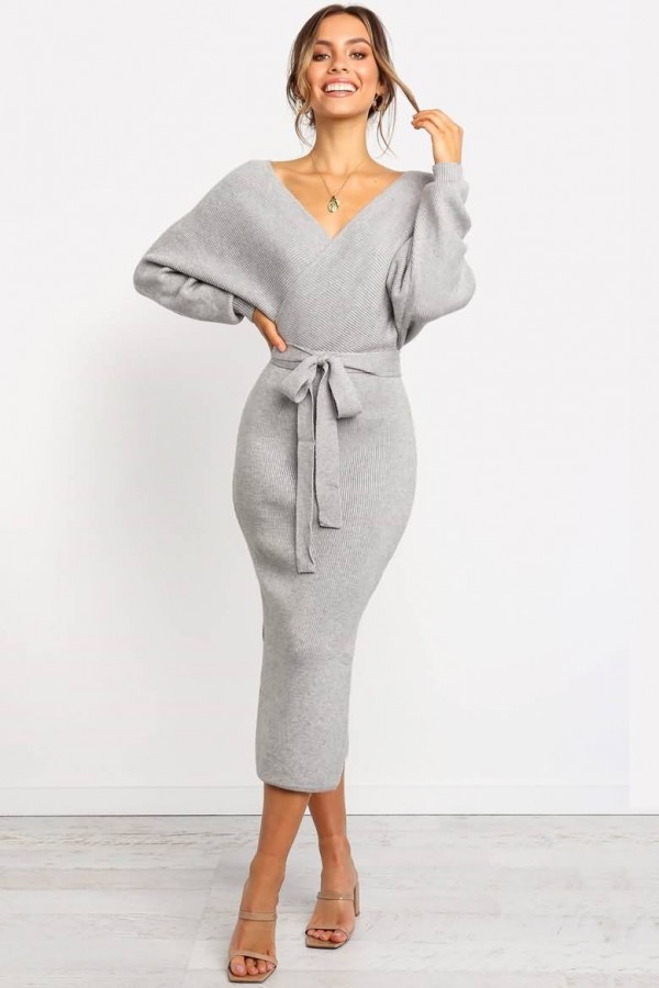Wrap-Tied Long Sleeve Bodycon Sweater Dress