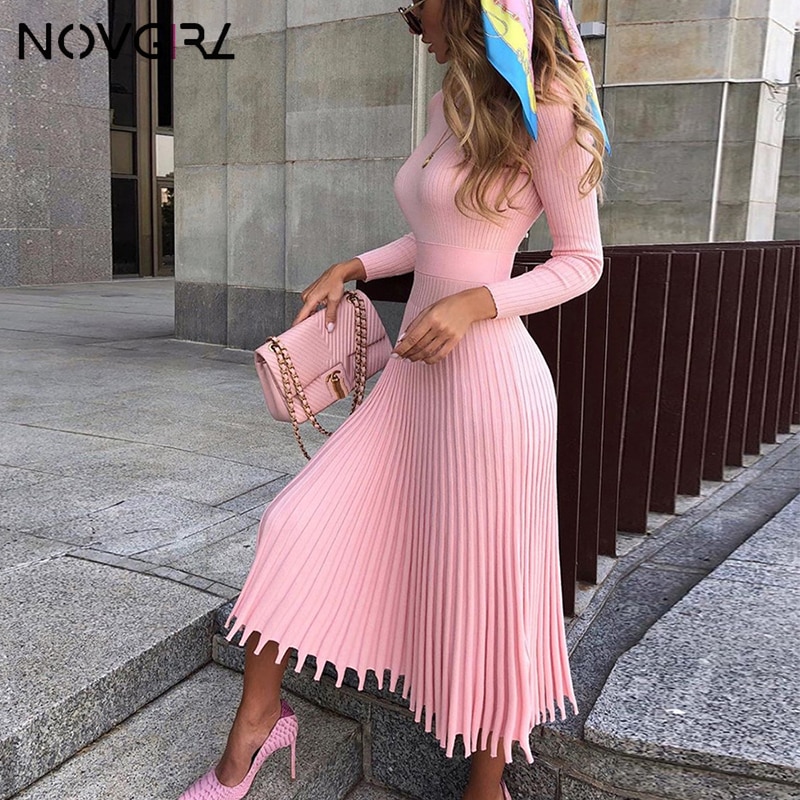 Novgirls Stylish Knitted Pleated Midi Dress: Perfect for Autumn/Winter Parties