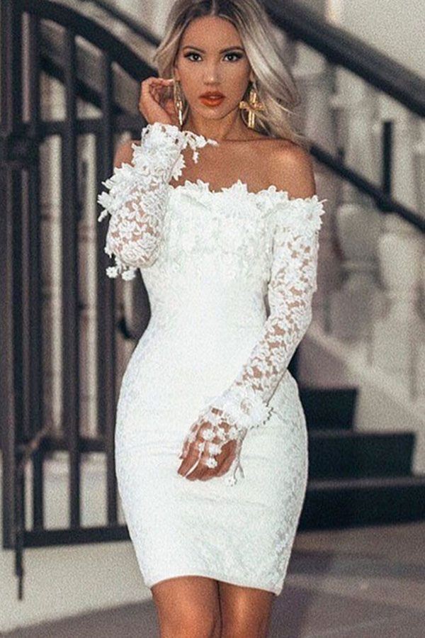 Lace Off Shoulder Long Sleeve Bodycon Dress