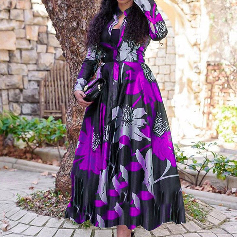 Long Sleeve Round Neck Digital Print Maxi Dress