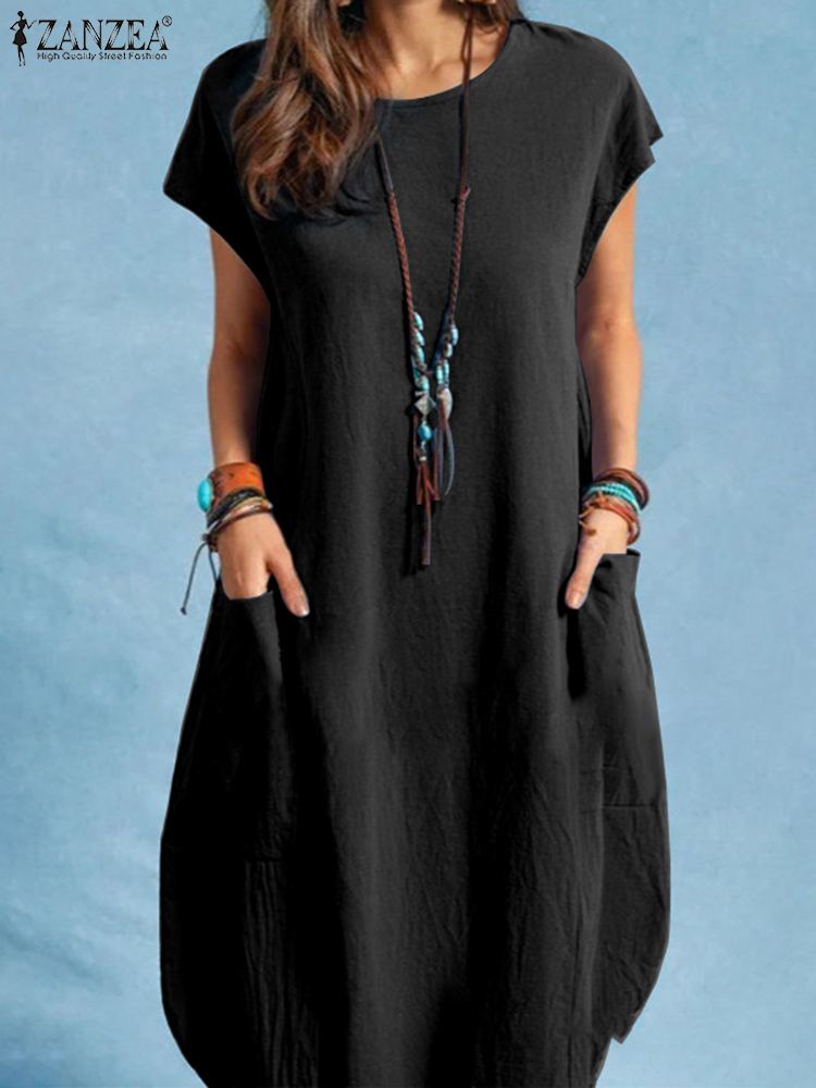 Sundress - Short Sleeve Knee Length Casual Summer Dress