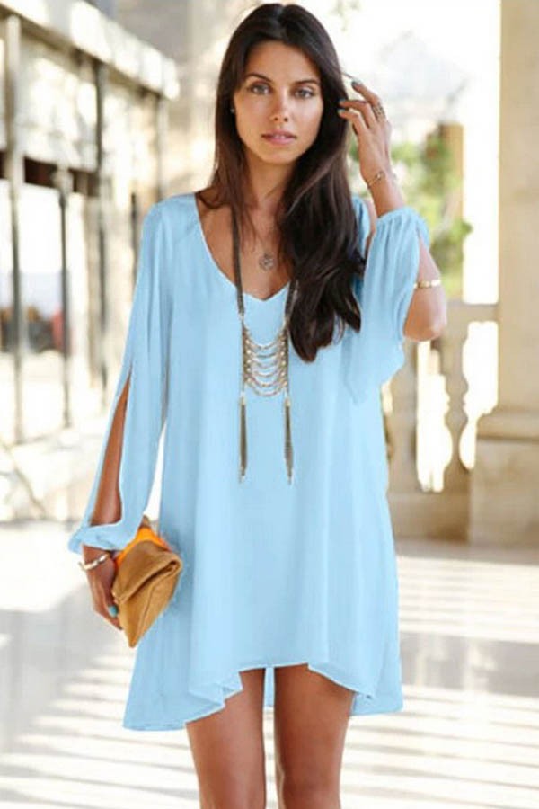 Light Chiffon Shift Dress V-Neck Long Sleeve