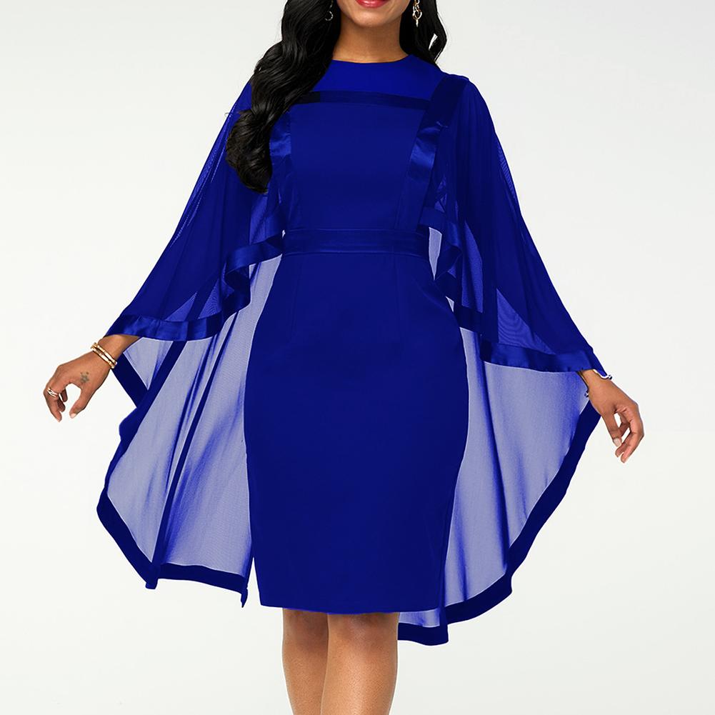 Elegant Cape Sleeve Bodycon Knee Length Dress Round Neck Winered