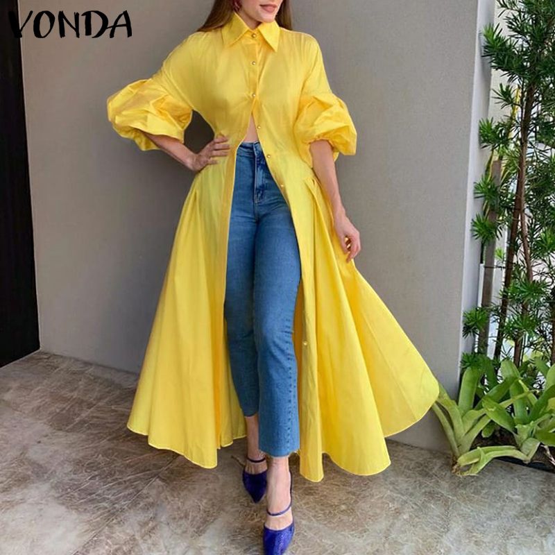 Long Maxi Shirt Dress Puff Sleeve Collar Workwear
