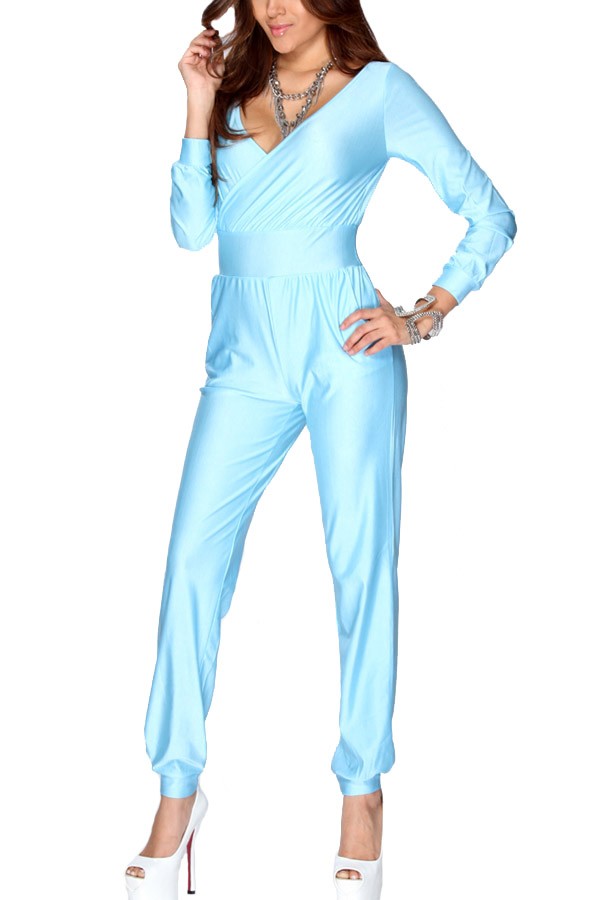 Light Long Sleeve Pleated V-Neck Jumpsuit
