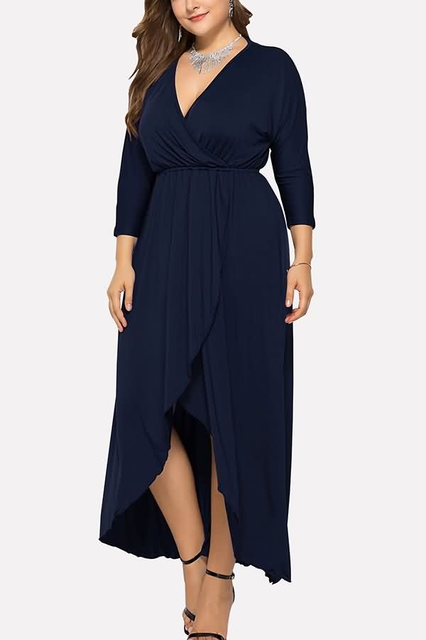 Dark V-Neck Wrap Ruffle Midi Dress