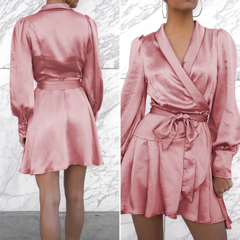 Pleated Hem and Belted Waist Satin Dress