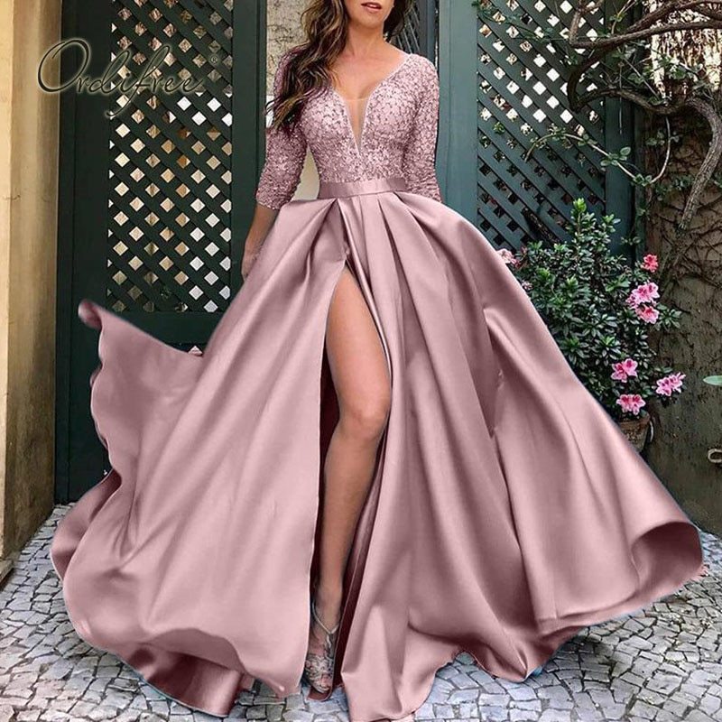 Lace Split Satin Maxi Ball Gown Dress