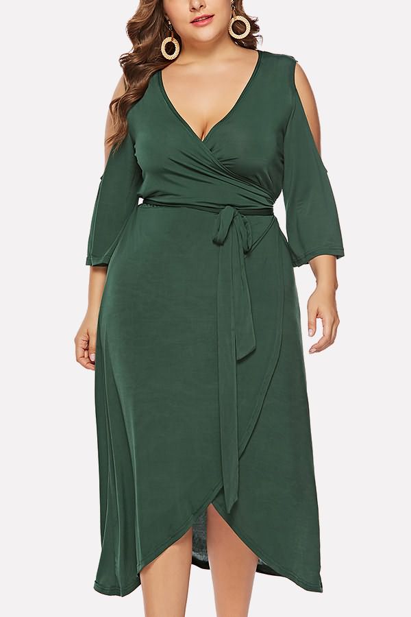 Plus Size Cold Shoulder V-Neck Long Sleeve Tie Wrap Dress