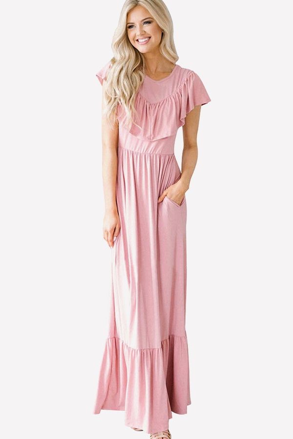Ruffle Pocket Scoop Neck Short Sleeve Maxi Dress