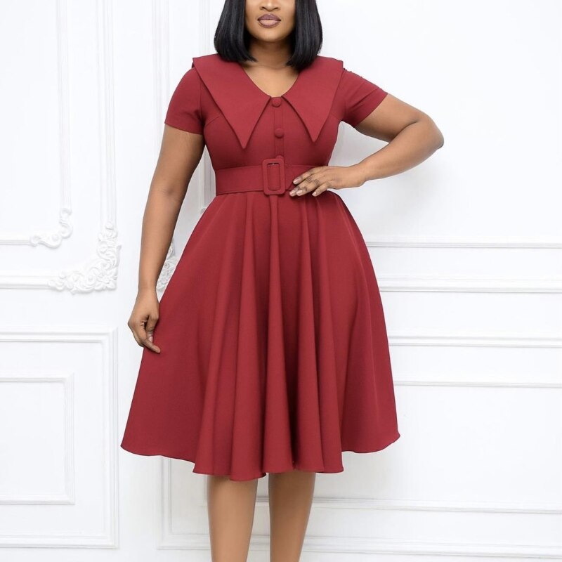 A-Line Office Dress Pleated High Waist Button Up Short Sleeves