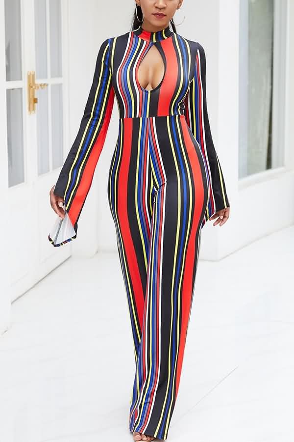 Stripe Keyhole Wide Leg Jumpsuit