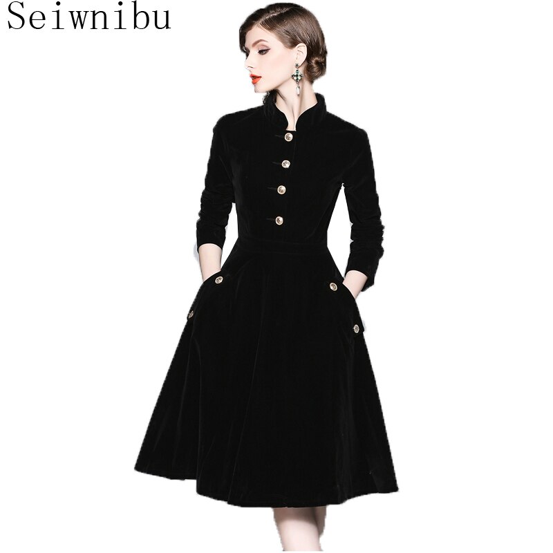 Elegant Black Velvet Winter Retro Coat Dress