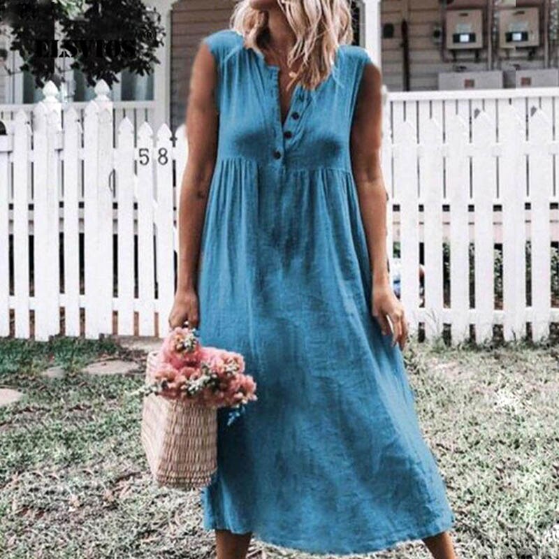 Summer Breeze: Elegant Soft Button Pleated Linen Sleeveless Midcalf Length Beach Dress