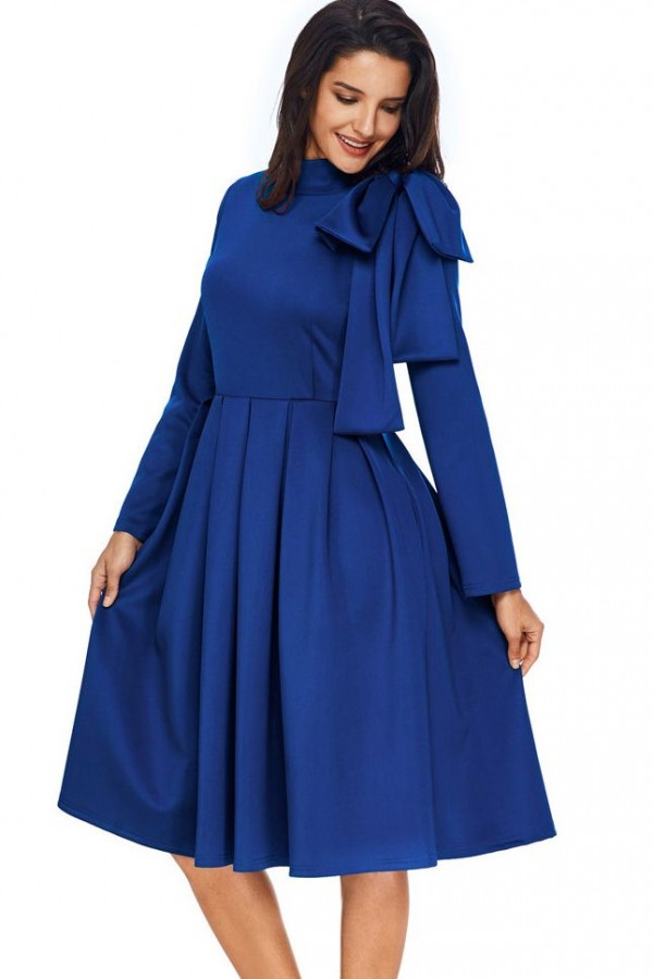 High Collar Bow Tie Pleated Long Sleeve A-Line Midi Dress