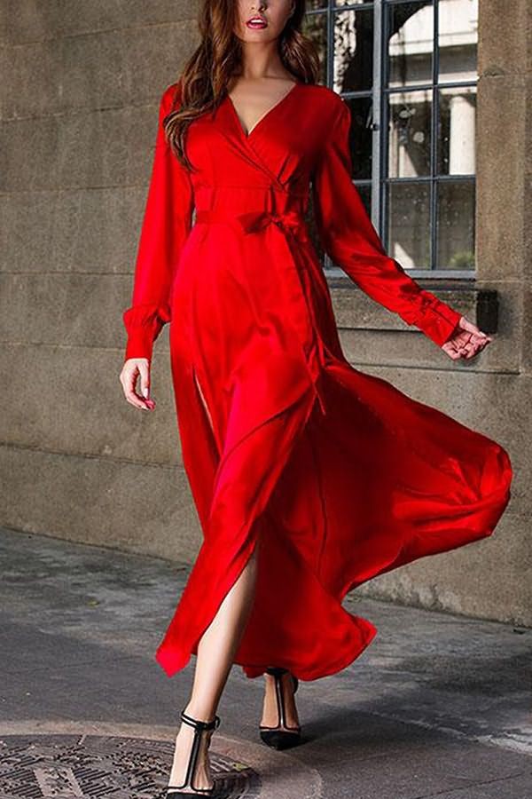V-Neck Wrap Dress Long Sleeve Party Cocktail Side Slit