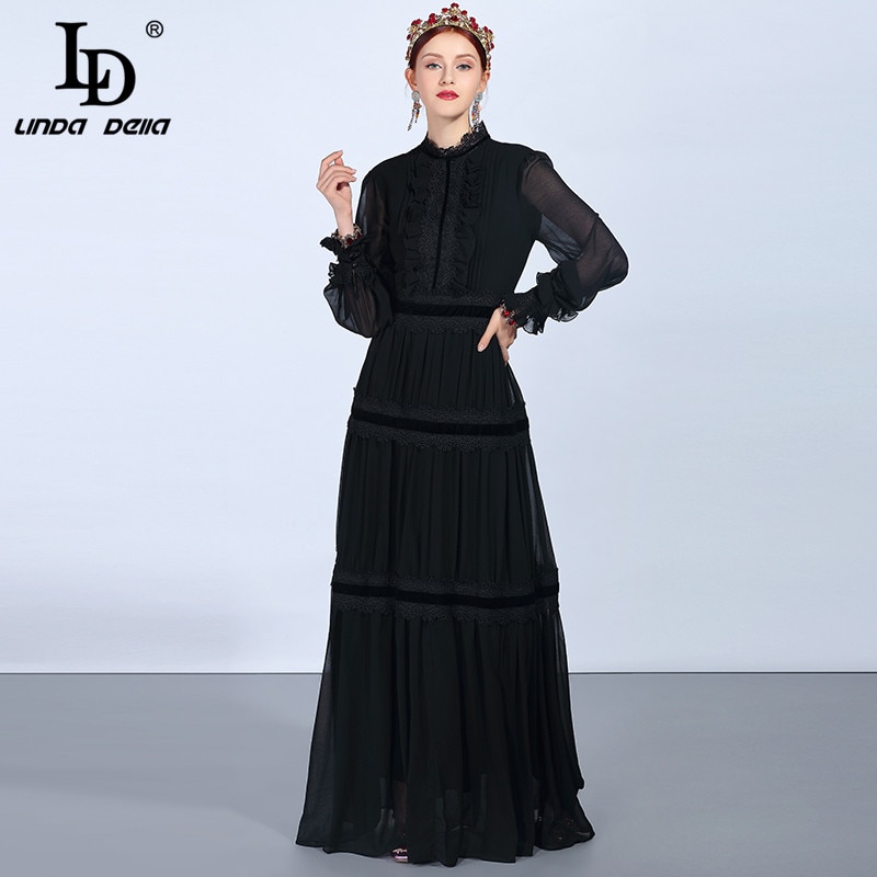 Vintage Lace Patchwork Ruffle Long Sleeve Maxi Dress
