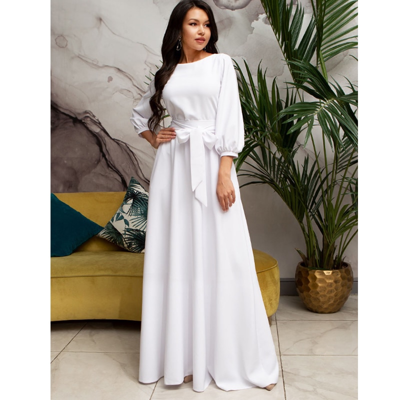 New Solid Lantern Sleeve Maxi Long Neck Casual Dress