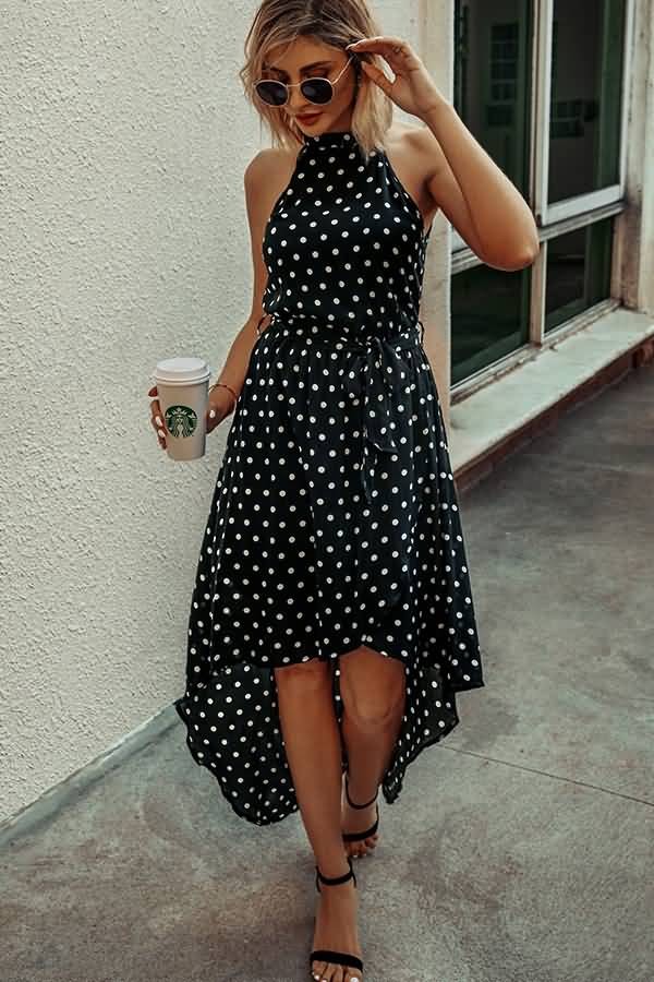 Polka Dot High-Low Dress with Belt